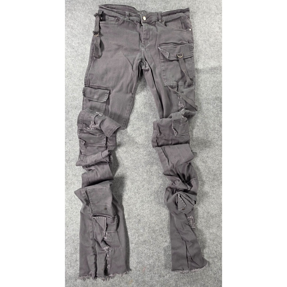 Si Tu Veux Jeans Mens Billy Jean Super Stacked Distressed Cargo Gray 38 Skinny